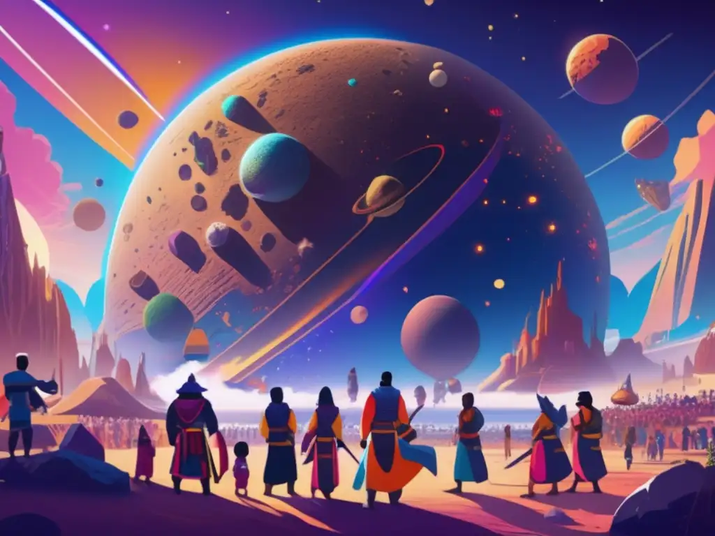 Diversidad cultural en asteroides: comunidad vibrante de humanoides de distintas culturas en una impresionante ciudad espacial