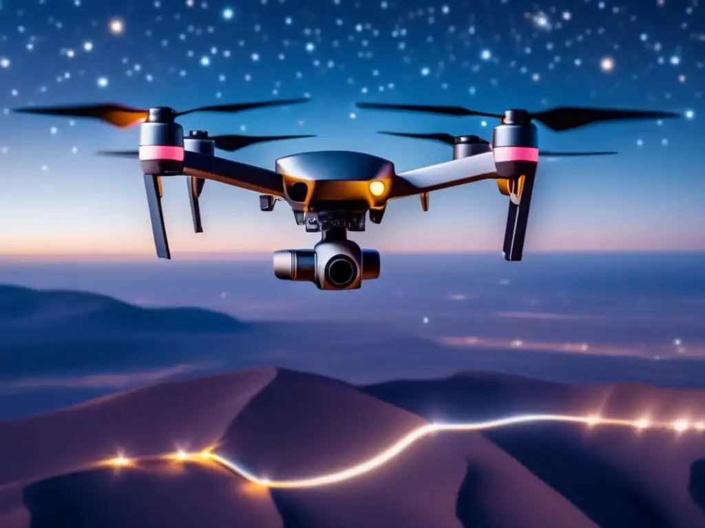 Drone futurista capturando asteroides Dron de alta tecnología para vigilancia de asteroides en el cielo estrellado