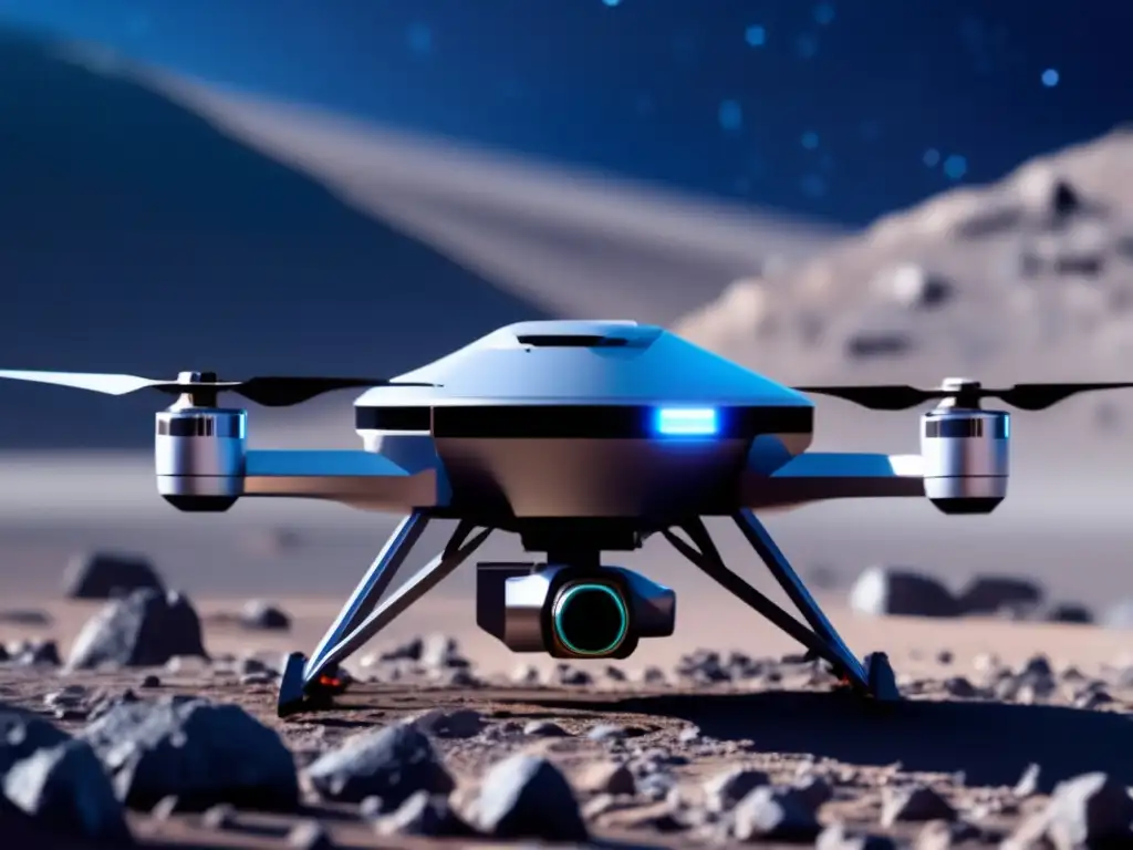 Drone científico en asteroide Dron explorando asteroides cercanos