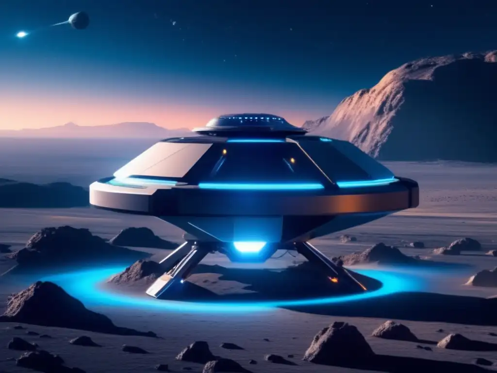 Drone espacial futurista en asteroide Dron espacial mapea asteroide, tecnología punta