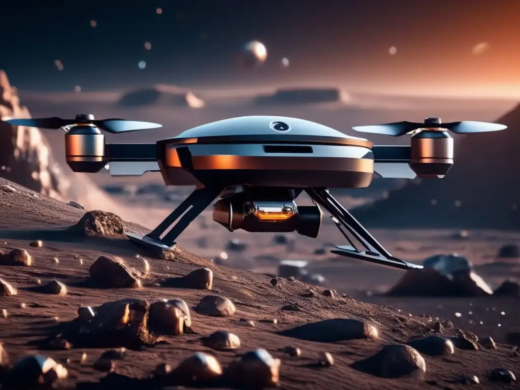 Drone futurista explorando asteroide Dron inteligente explora asteroide con alta tecnología