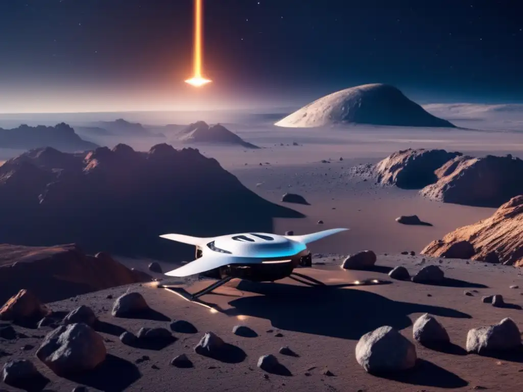 Exploración avanzada de asteroides con un dron Dron inteligente explorando asteroide: paisaje cautivador, avance tecnológico