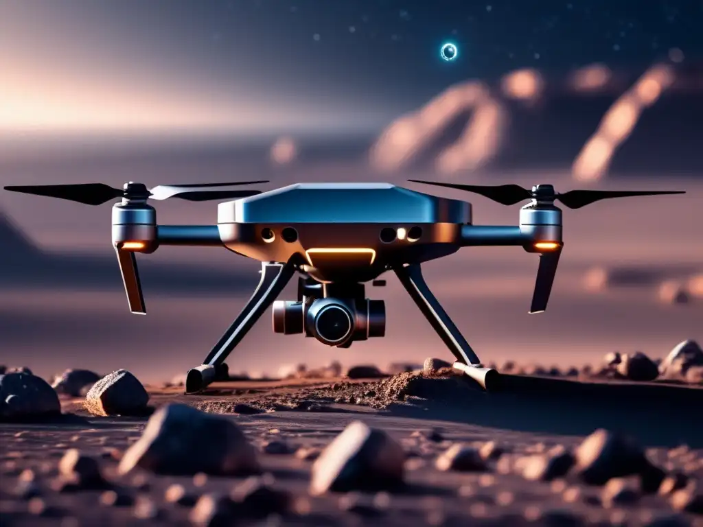 Drone capturando detalles de asteroide Drone explorando asteroides cercanos: tecnología punta y precisión en una imagen 8k detallada