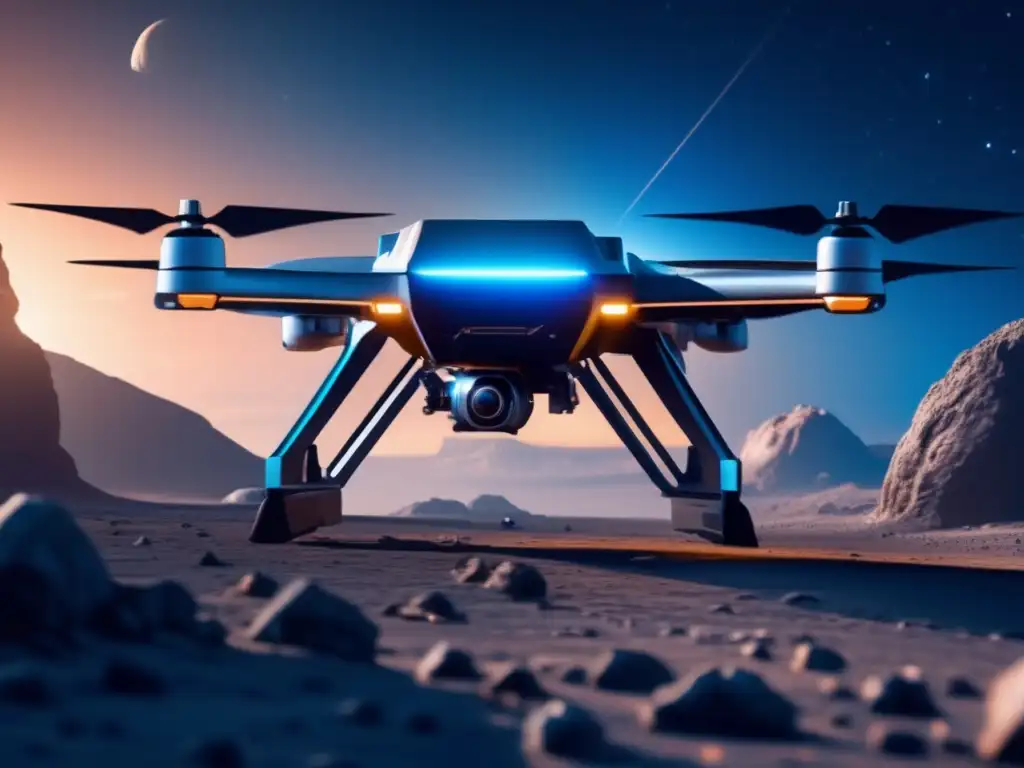 Drone espacial sobrevolando asteroide Drone espacial capturando datos detallados de un asteroide