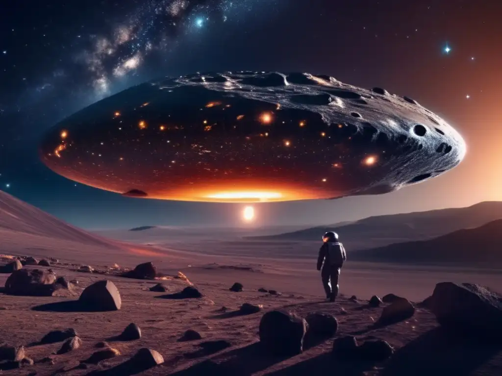 Un drone futurista vigila el paso de un asteroide en el vasto cosmos