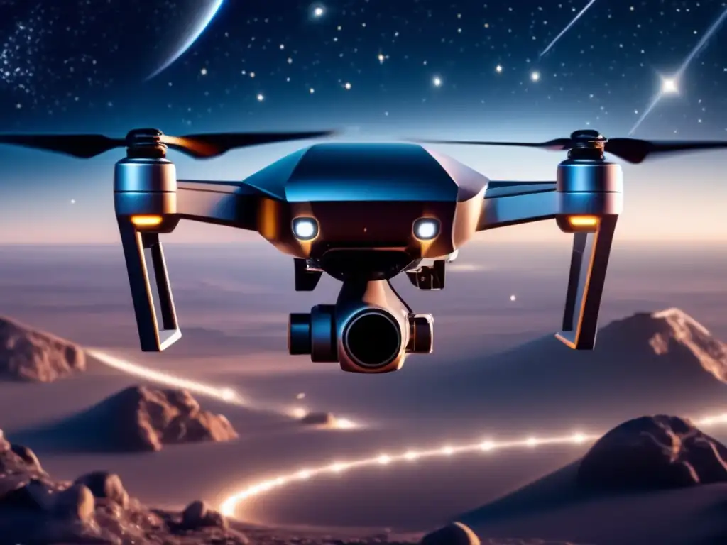 Drone espacial capturando asteroide Drone moderno capturando asteroides en el espacio - Drones vigilancia asteroides