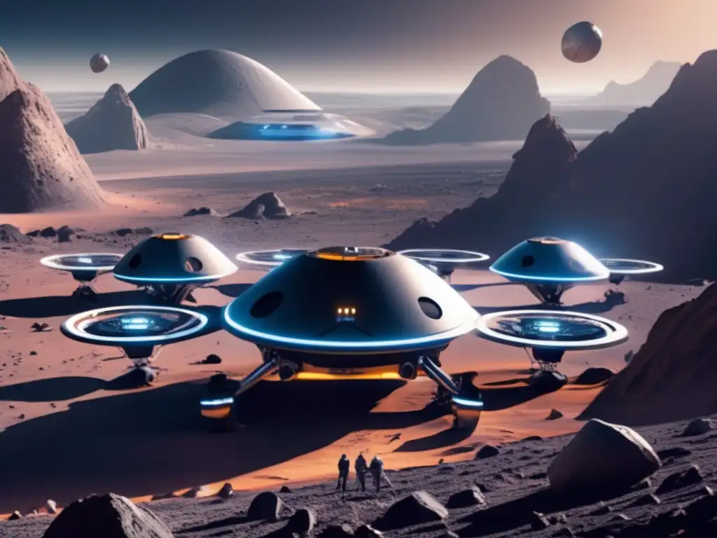 Drones futuristas exploran asteroide Drones exploración asteroides cercanos en escena futurista con tecnología avanzada