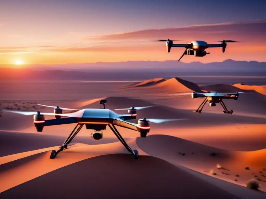 Drones autónomos en formación en desierto al atardecer Drones avanzados coordinados en vuelo sobre desierto al atardecer