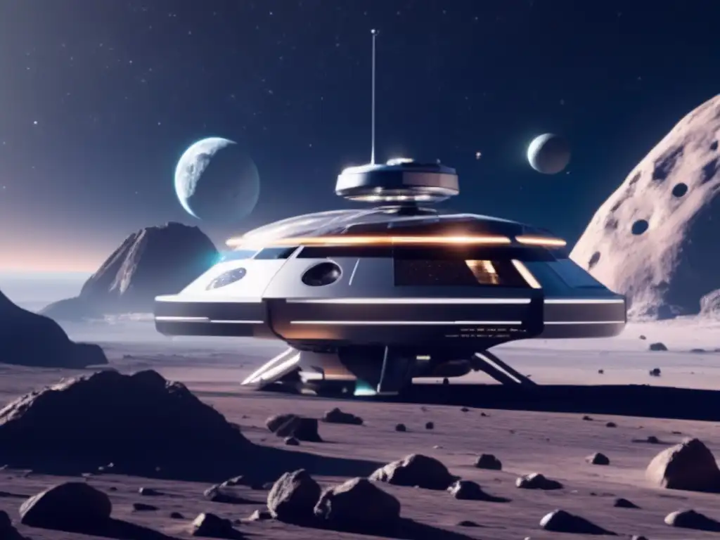 Estación espacial futurista en asteroide Drones inteligentes explorando asteroides en el espacio