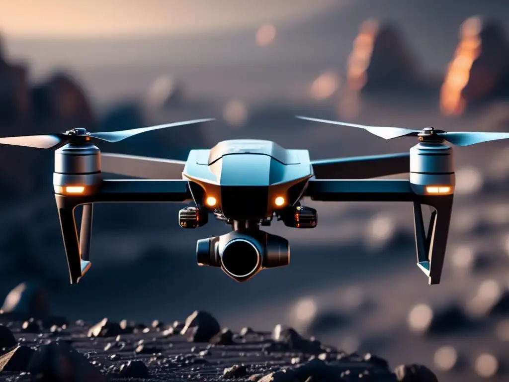 Drone explorando asteroide Drones inteligentes para exploración de asteroides en un campo de asteroides 8k con un dron moderno y preciso