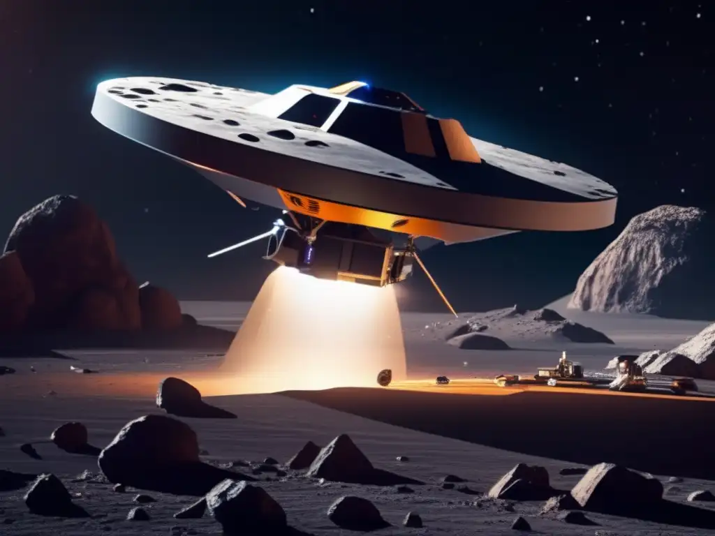 Exploración autónoma de asteroides Drones inteligentes para exploración asteroides: Imagen impactante de sonda futurista sobre asteroide, revelando misterios del cosmos