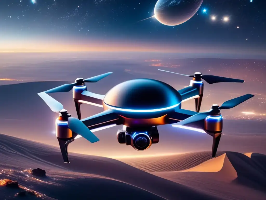 Exploración espacial: Dron futurista y vasto cosmos Drones vigilancia asteroides: Imagen asombrosa 8k detallada captura vastedad del espacio, con estrellas brillantes y vista celestial