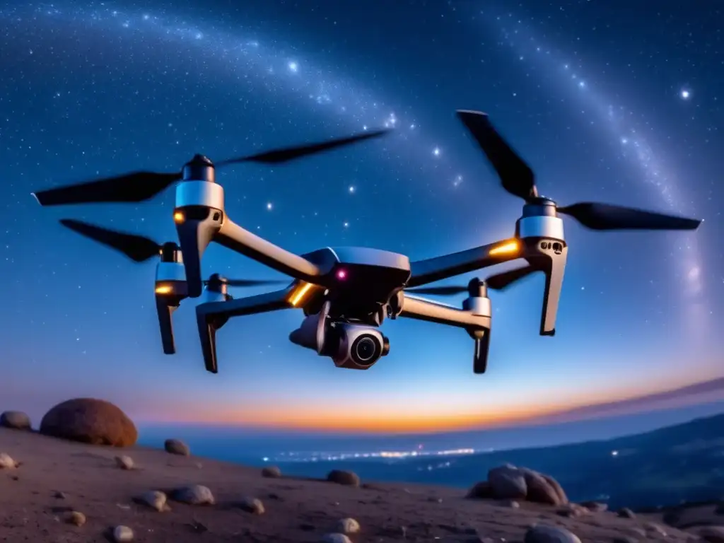 Vista panorámica del cielo nocturno con drones Drones vigilancia asteroides en la noche estrellada