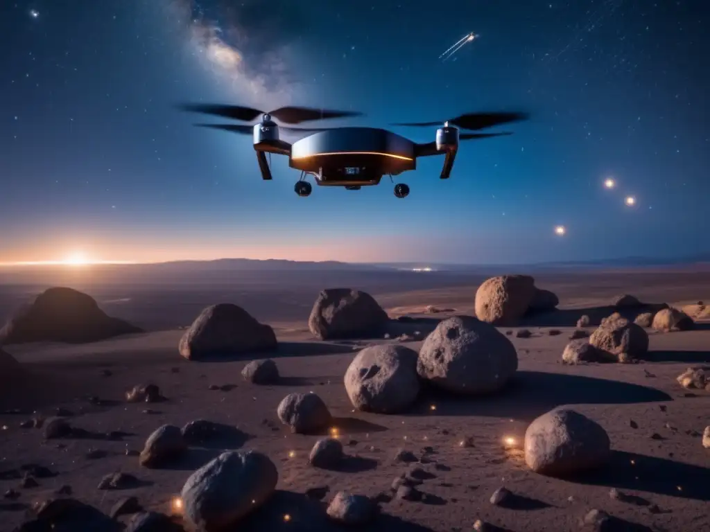 Dron capturando asteroides en el espacio Drones vigilancia asteroides: inmensidad estrellada, drones avanzados y asteroides misteriosos, galaxias distantes