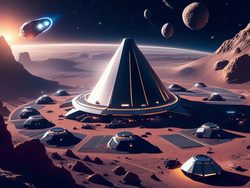 Automatización en economía asteroides: colmena minera futurista en espacio estelar