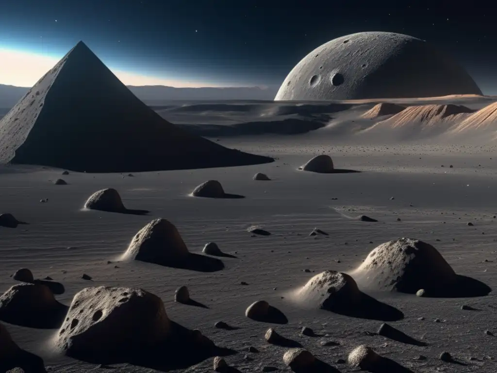 Economía asteroides tipo C: superficie de asteroide Ctype con regolito carbonoso, cráteres, acantilados y sombras dramáticas