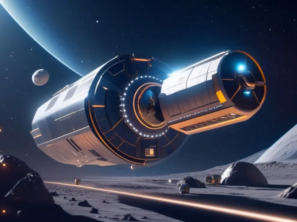 Automatización en economía asteroides: Estación espacial futurista orbita asteroide metálico, con robots extractores y recursos valiosos