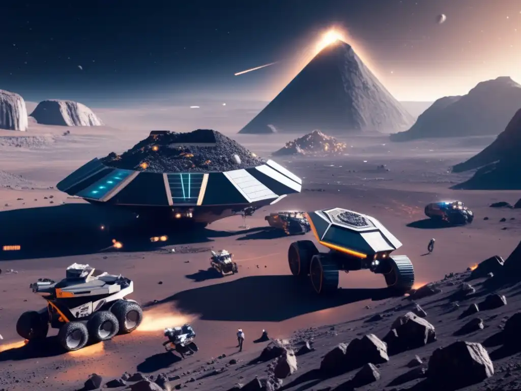 Transformación económica asteroides IA: Operación minera futurista en un asteroide, con tecnología avanzada y robots extrayendo recursos