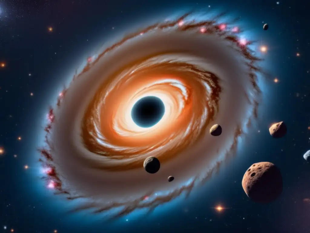 Espacio infinito con galaxia y asteroides Efectos asteroides evolución vida: Galaxia espiral vibrante con asteroides variados en forma y color, revelando detalles y minerales