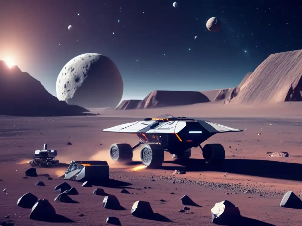 Extracción eficiente microasteroides: Futurista operación minera espacial en microasteroide, robots avanzados extraen recursos con precisión