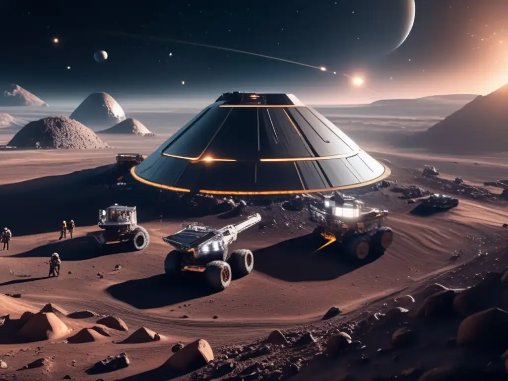 Innovación emprendedores minería asteroides: escena futurista de minería en un asteroide, con vasto espacio y tecnología avanzada
