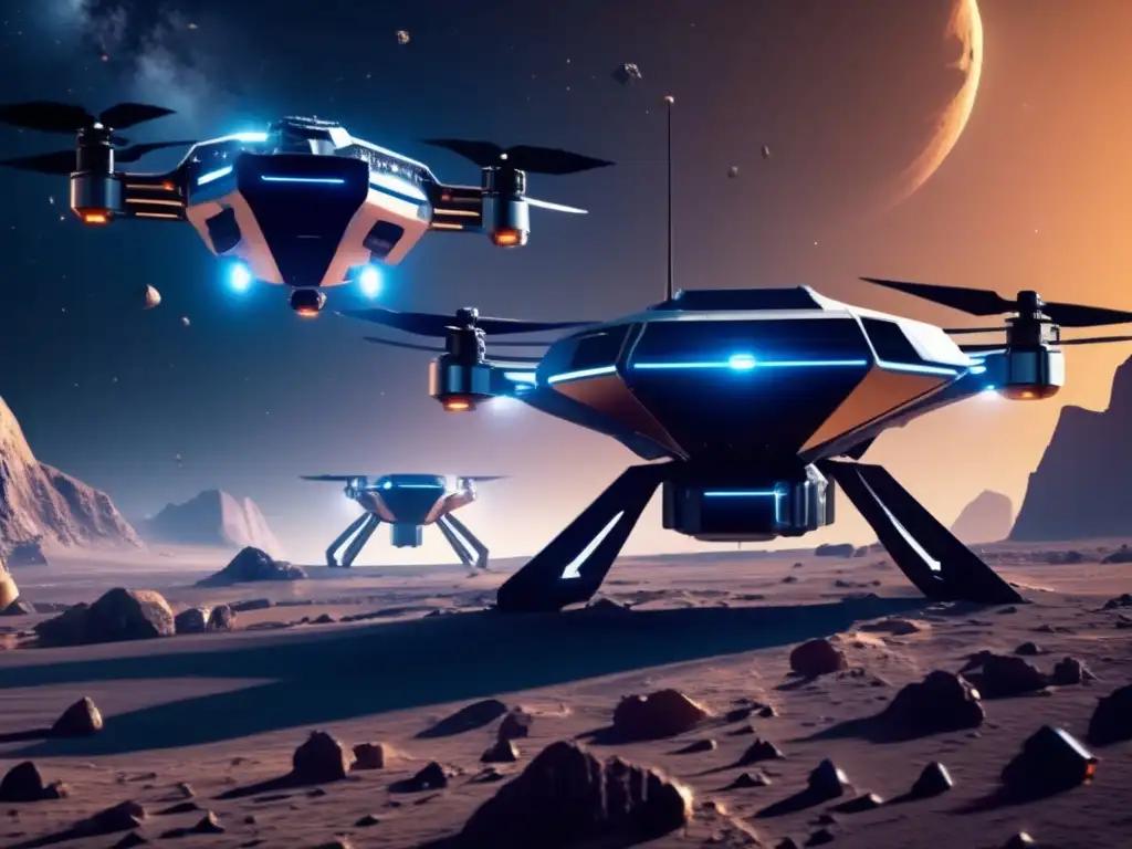 Empresas privadas minería asteroides: Drones futuristas extraen recursos de un asteroide en el espacio