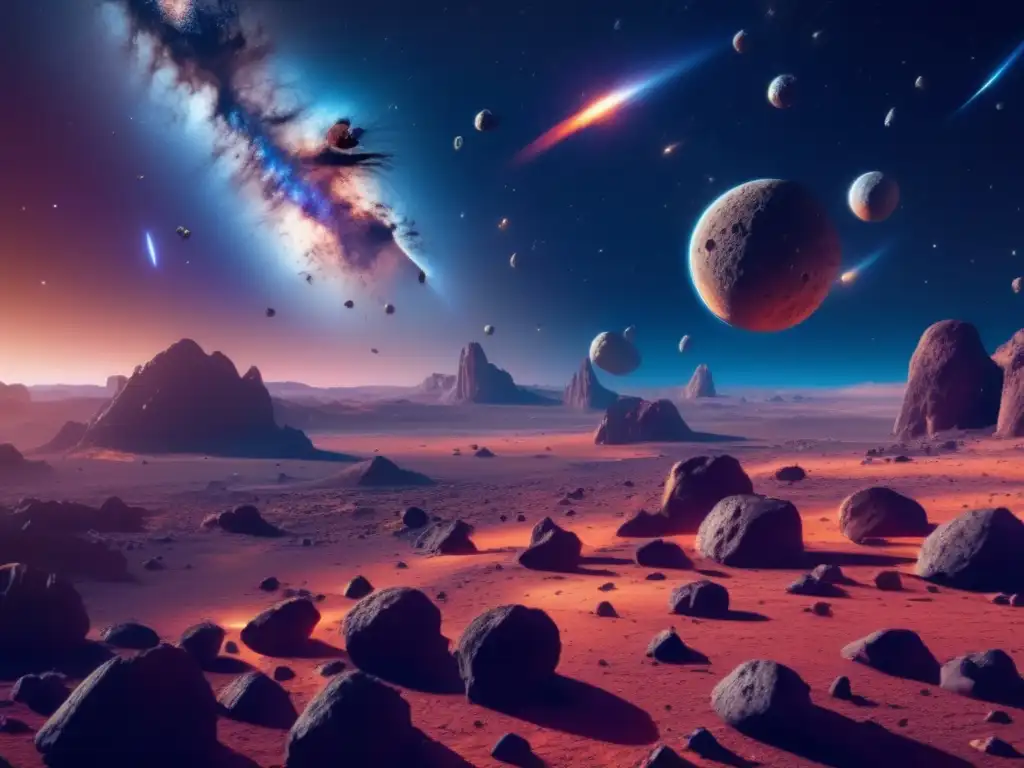 Asombroso espacio sideral con asteroides Preparación para encuentro cercano asteroide: imagen impresionante 8k ultradetallada del espacio, con asteroides y avanzada nave espacial
