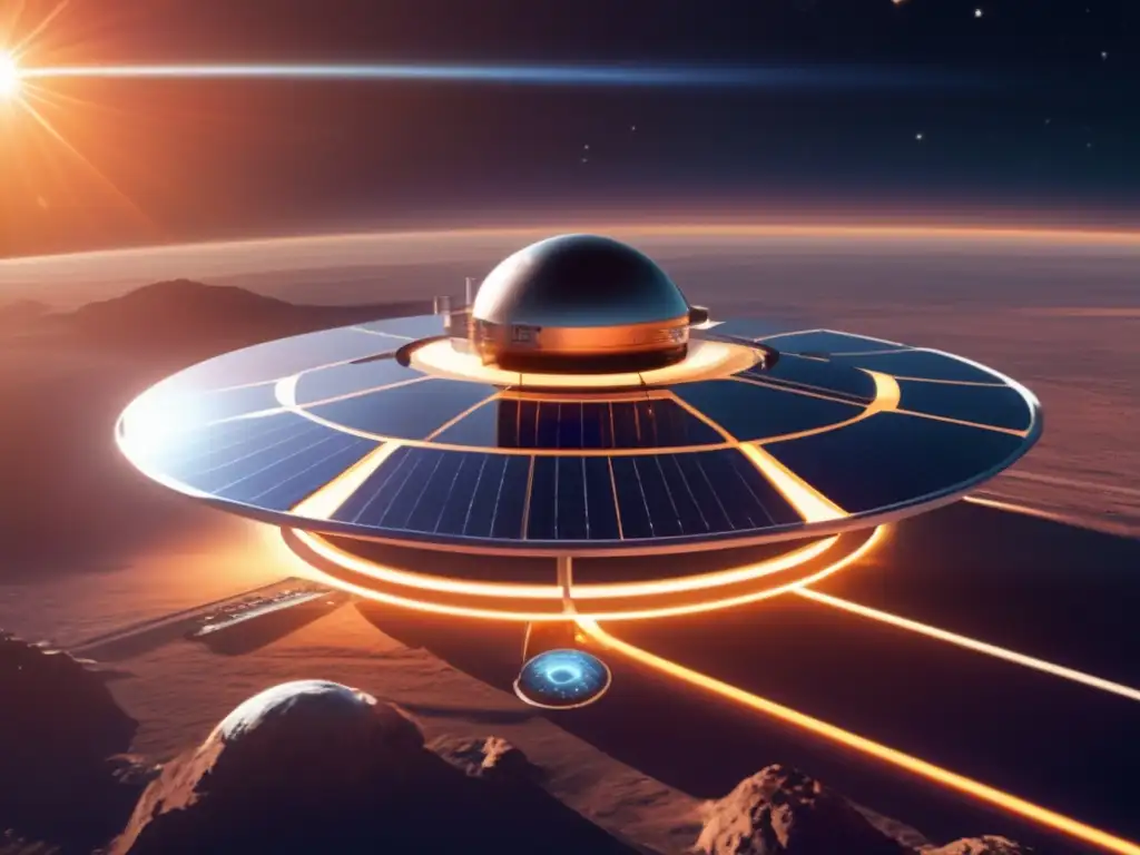 Estación espacial futurista con paneles solares Energía solar espacial: Futurista estación espacial capturando energía solar desde el espacio