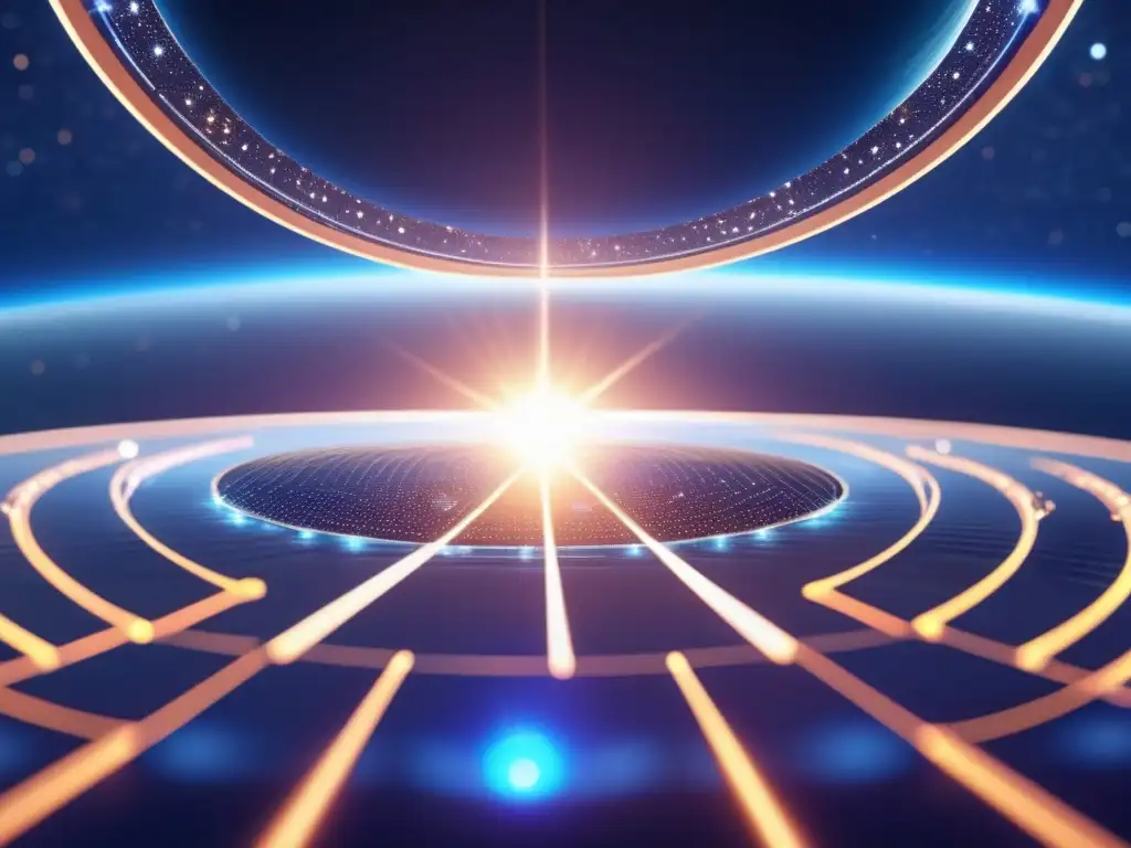 Energía solar futurista en el espacio Energía solar espacial: Imagen detallada de 8k muestra red de paneles solares futuristas en el espacio, reduciendo riesgos