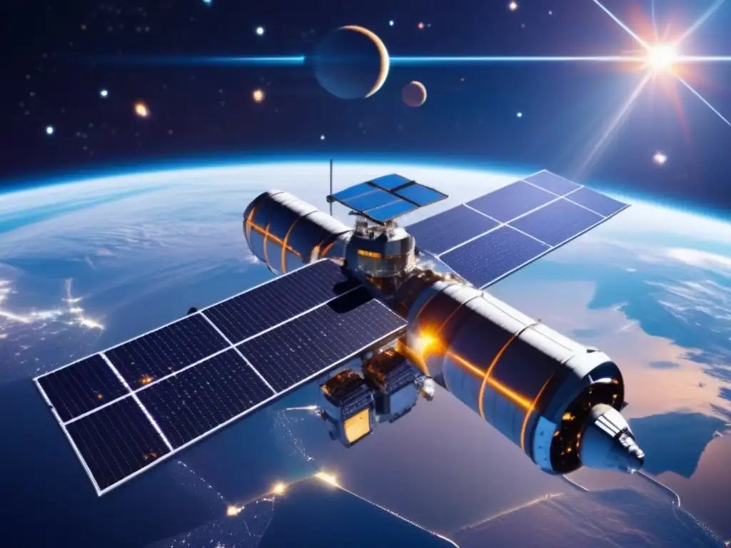 Estación espacial futurista y sostenible orbitando la Tierra Energía solar espacial: liderazgo en la carrera espacial