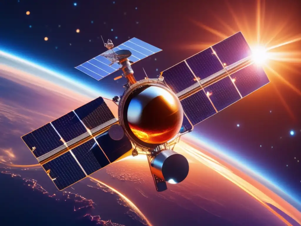 Satélite solar orbitando la Tierra con paneles solares avanzados Energía solar en el espacio: satélites solares como fuente inagotable