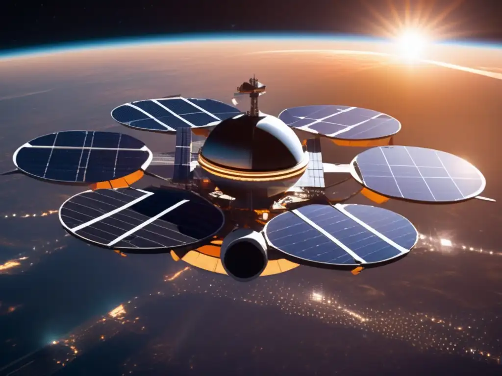 Estación espacial futurista con paneles solares avanzados Energía solar en el espacio: satélites solares como fuente inagotable