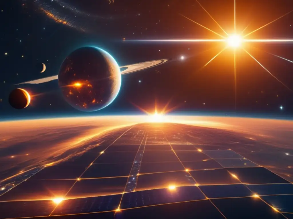 Espacio estelar con sol radiante y satélites solares Energía solar en el espacio: satélites solares como fuente inagotable