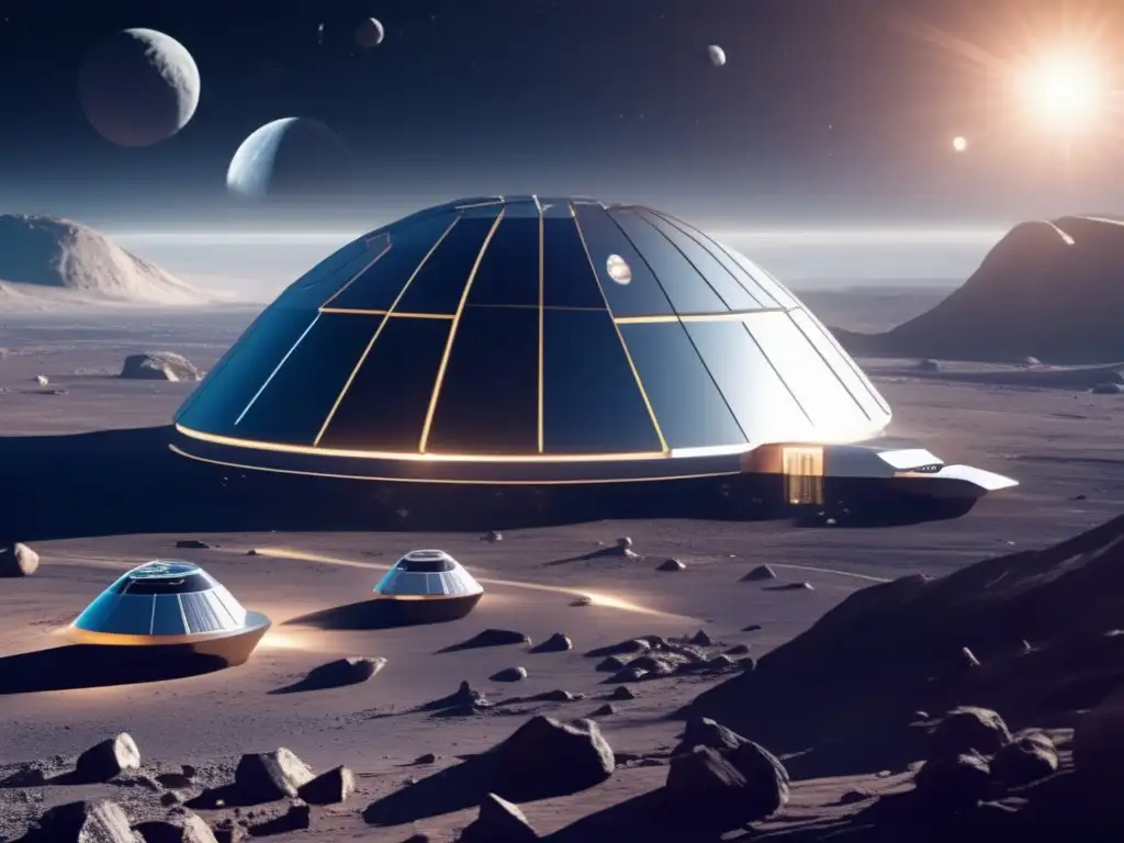 Futuro hábitat espacial en asteroide Energía sostenible en asteroides: fuentes espaciales, hábitat futurista en asteroide con tecnología avanzada y paisaje lunar