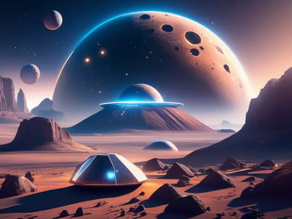 Hábitat futurista en asteroide Energía sostenible en asteroides: hábitat futurista con tecnología avanzada y belleza del espacio