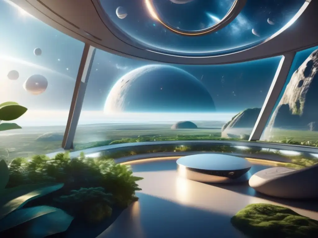 Energía sostenible en asteroides: vistas impresionantes de hábitat espacial y vegetación exuberante en el espacio