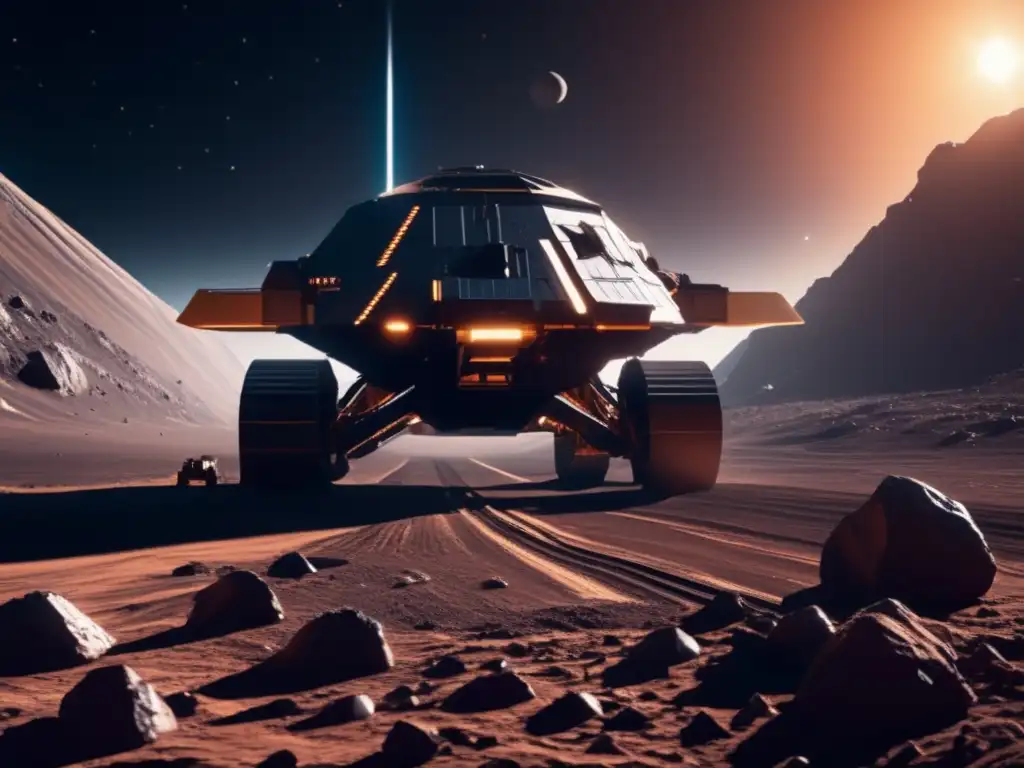 Energía sostenible extracción asteroides: Futurista operación minera en un asteroide, con tecnología avanzada y belleza espacial