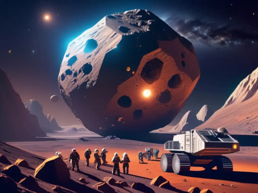 Energía sostenible extracción asteroides: Operación minera espacial futurista en asteroide, con maquinaria, túneles y trabajadores en trajes espaciales avanzados