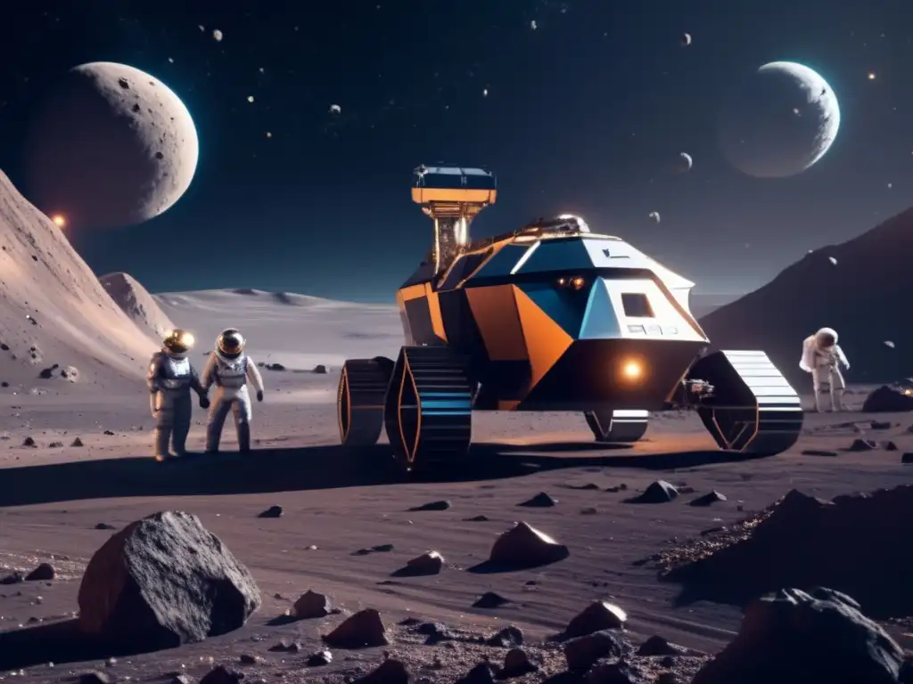 Energía sostenible extracción asteroides: Operación minera espacial futurista en un asteroide rico en recursos minerales