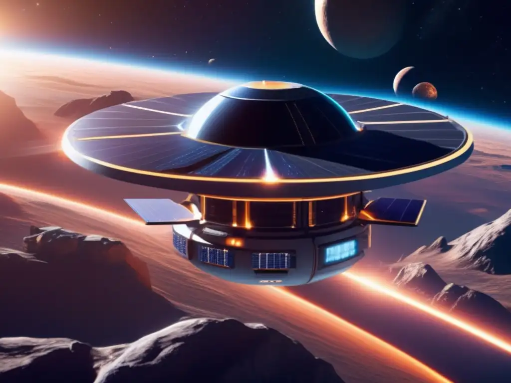 Estación espacial futurista en asteroide Energías renovables en el espacio: estación espacial futurista y asteroide luminoso, simbolizando el potencial de recursos renovables