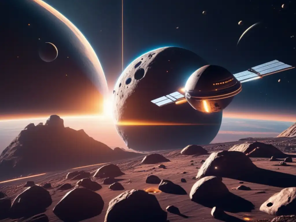 Estación espacial y asteroide con energía solar Energías renovables en el espacio: estación espacial futurista en asteroide, energía solar, flota de naves avanzadas
