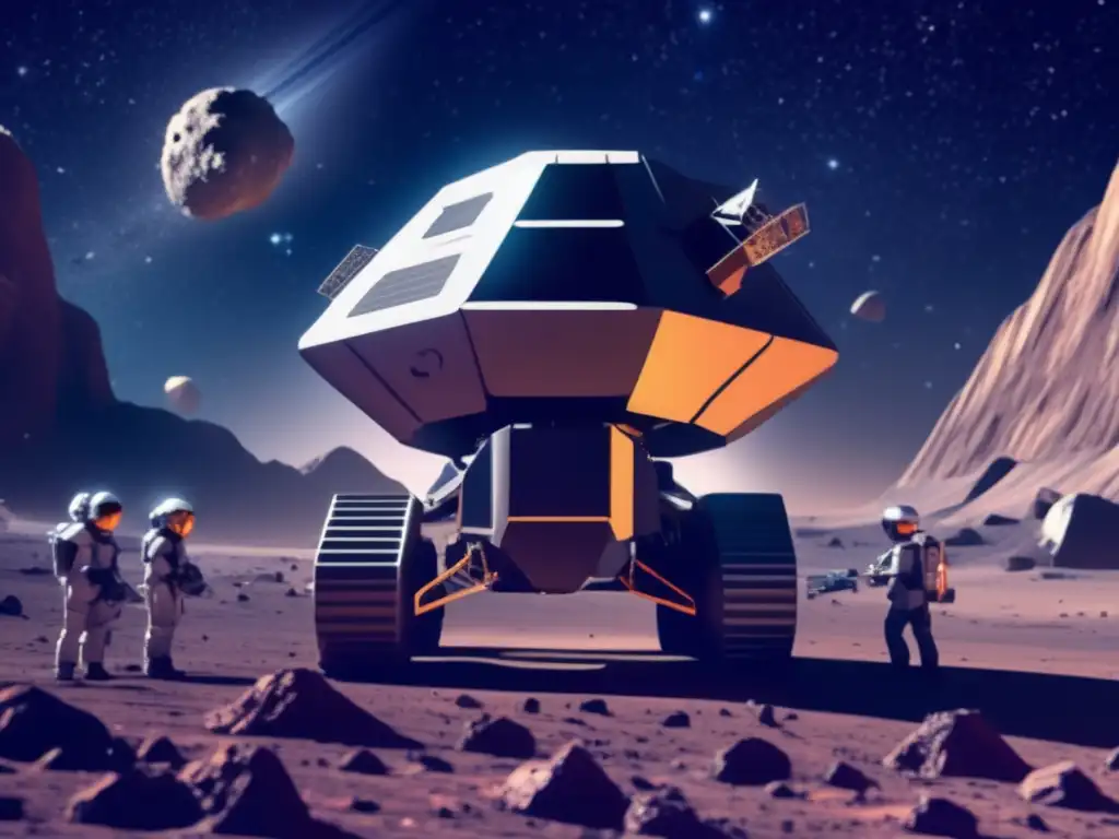 Futura minería espacial sostenible Energías renovables en el espacio: Futurista operación minera espacial en asteroide con avanzada tecnología robótica y redes de energía sostenible