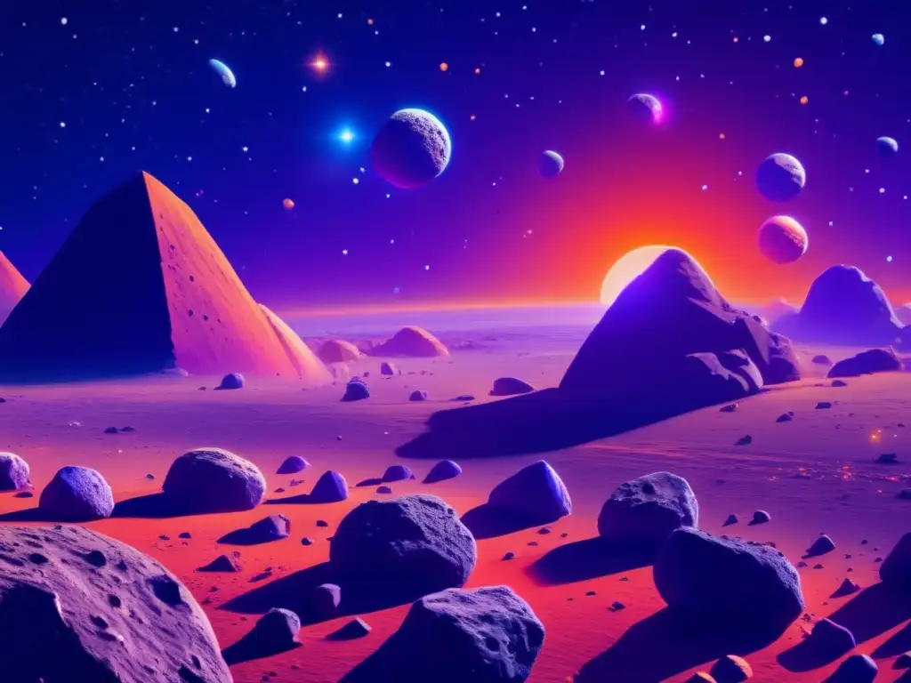 Asteroides flotando en el espacio con delicadeza Energías renovables en el espacio: Imagen impactante de asteroides en el espacio, con colores vibrantes y una nave espacial en silueta