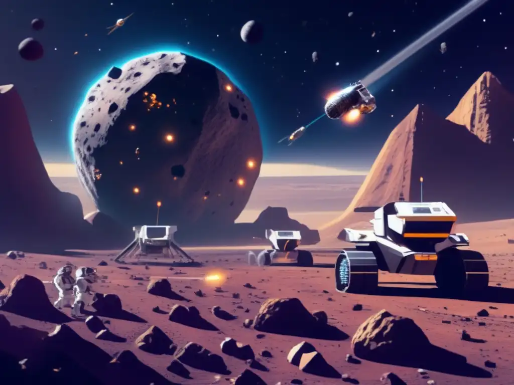 Operación minera de asteroides Una épica operación minera en un asteroide con avanzada tecnología y drones recolectando minerales