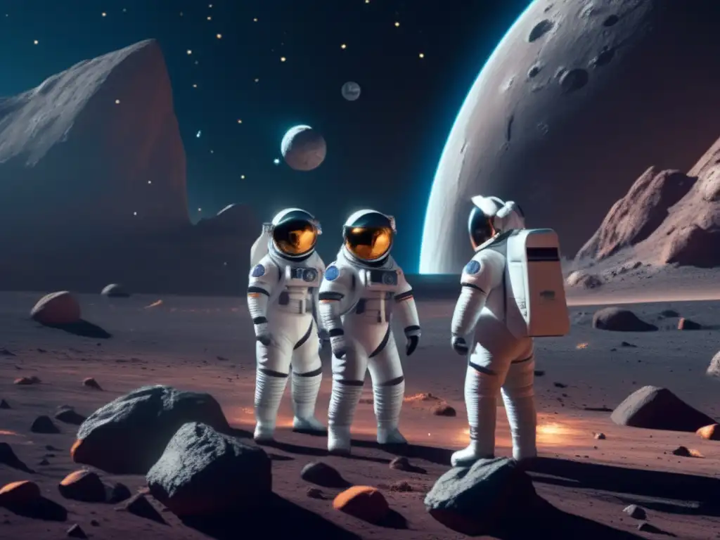 Astronautas explorando asteroide con AR Equipo de astronautas explorando asteroides con realidad aumentada