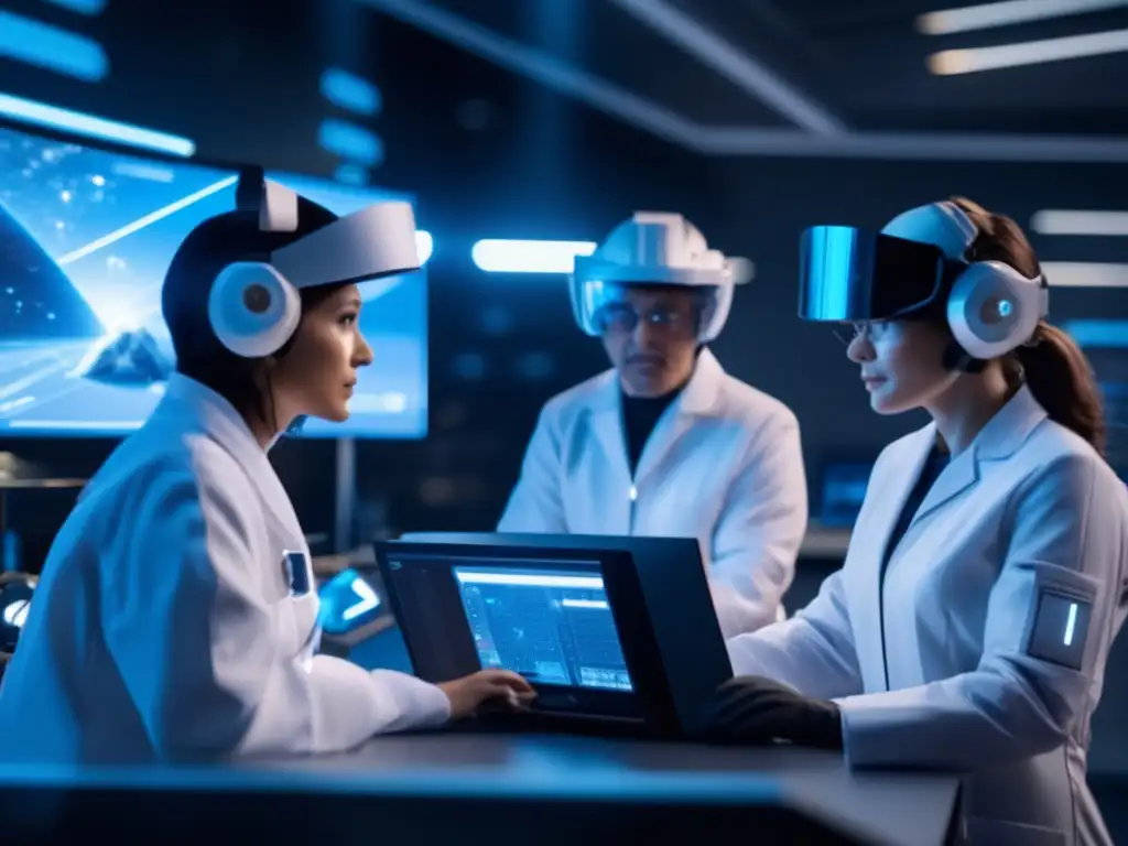 Científicos internacionales en laboratorio futurista Equipo científico investigando estrategias para desviar asteroides peligrosos en laboratorio futurista-