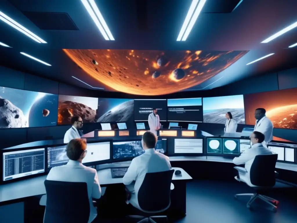 Equipo de científicos y simulaciones de impactos de asteroides Equipo científico en sala de control con simulaciones impacto asteroides