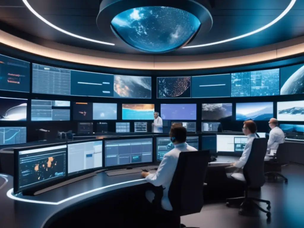 Equipo científico trabaja en control room avanzada Equipo de científicos y ingenieros desvío de asteroides como salvadores
