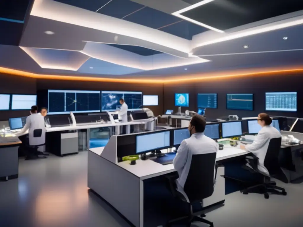 Equipo científico desarrollando tecnología de defensa planetaria Equipo de científicos y ingenieros trabajando en laboratorio de última generación para detectar amenaza de asteroides en la Tierra