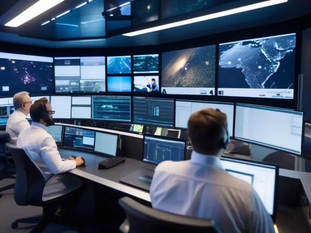 Equipo de científicos y ingenieros en sala de control avanzada Equipo científicos y ingenieros en sala de control avanzada, simulando amenazas de asteroides y preparación
